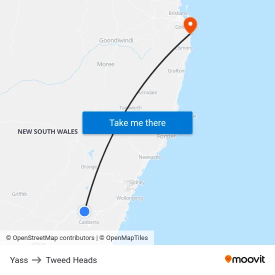 Yass to Tweed Heads map