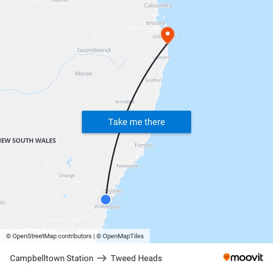 Campbelltown Station to Tweed Heads map