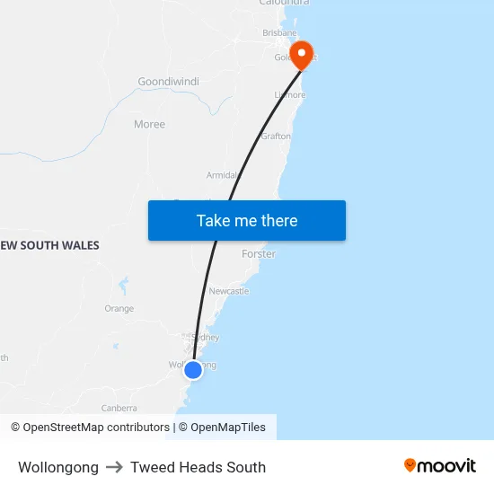 Wollongong to Tweed Heads South map