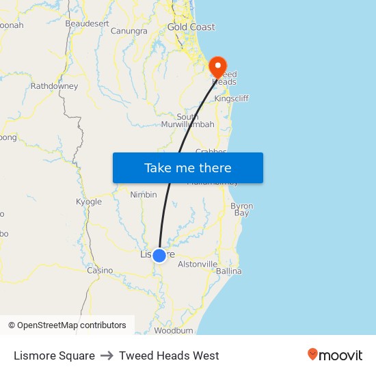 Lismore Square to Tweed Heads West map