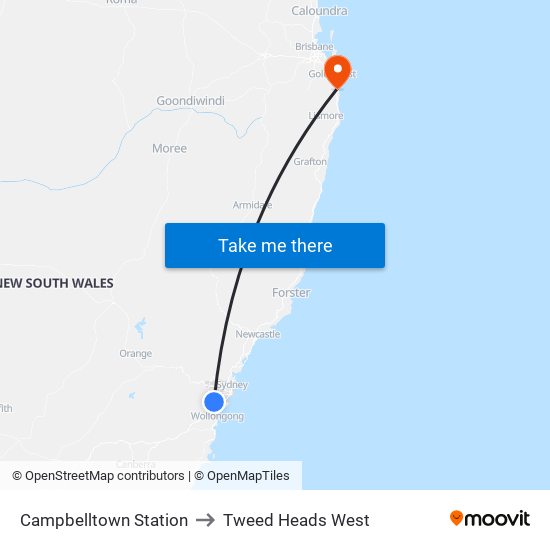 Campbelltown Station to Tweed Heads West map