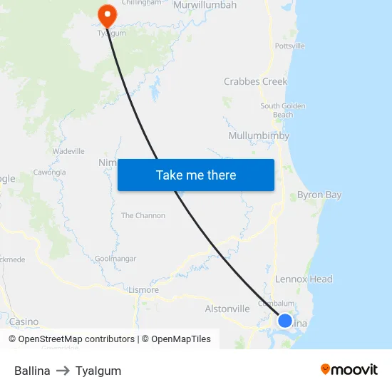 Ballina to Tyalgum map