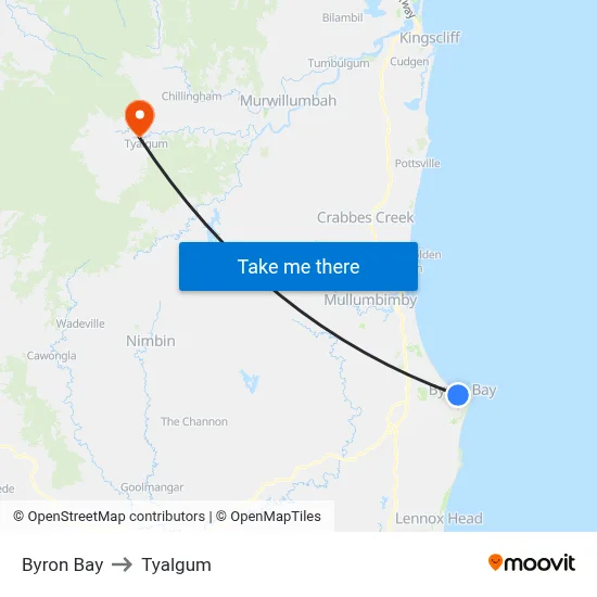 Byron Bay to Tyalgum map