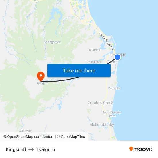 Kingscliff to Tyalgum map