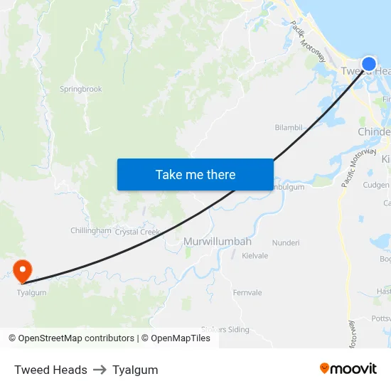 Tweed Heads to Tyalgum map