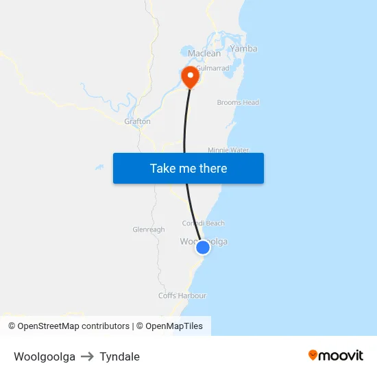 Woolgoolga to Tyndale map