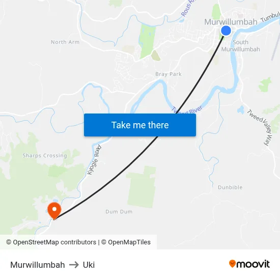 Murwillumbah to Uki map