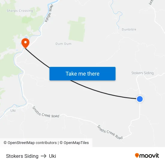Stokers Siding to Uki map