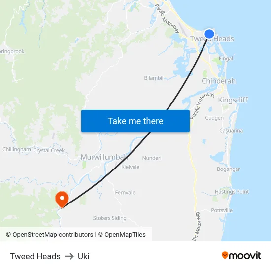 Tweed Heads to Uki map