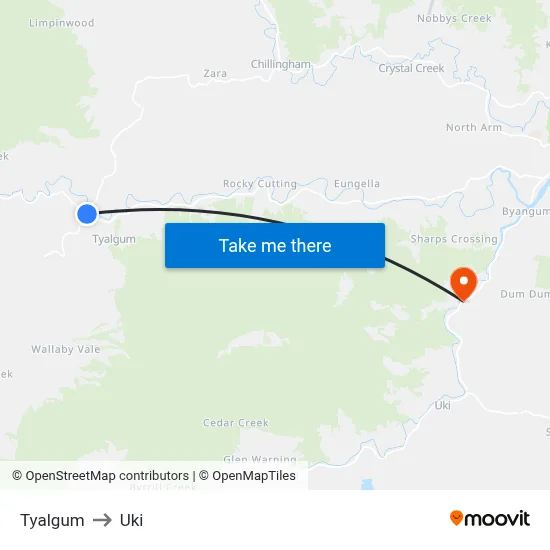 Tyalgum to Uki map
