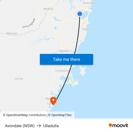 Avondale (NSW) to Ulladulla map