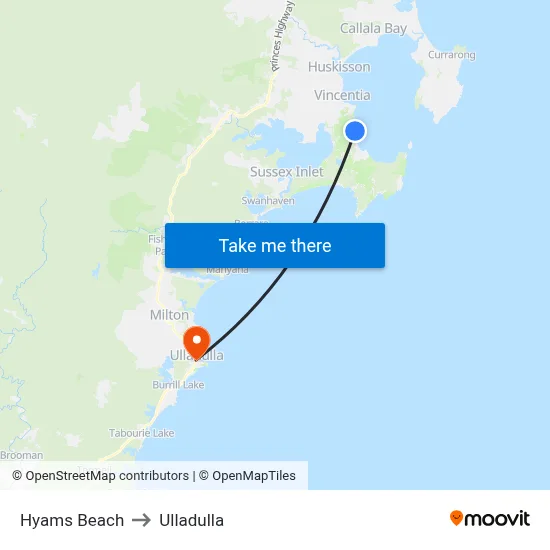 Hyams Beach to Ulladulla map
