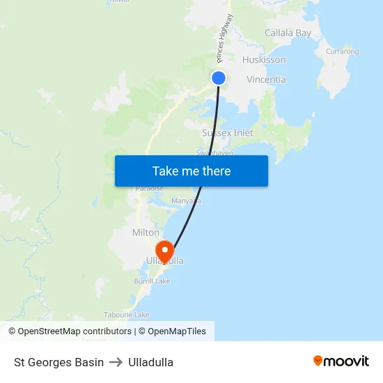 St Georges Basin to Ulladulla map