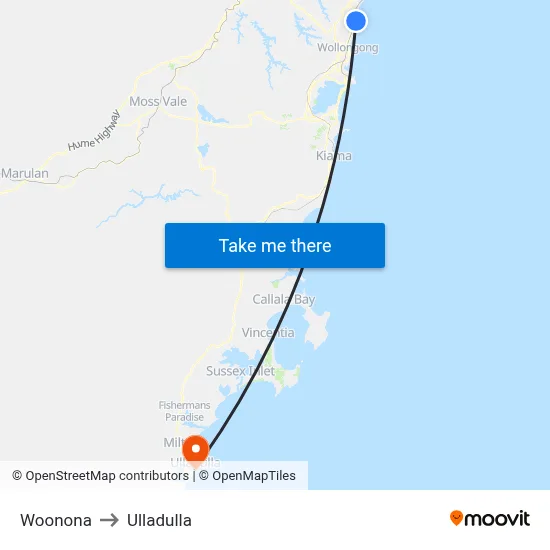 Woonona to Ulladulla map