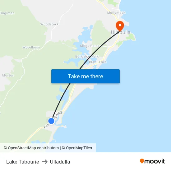 Lake Tabourie to Ulladulla map