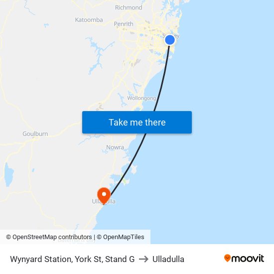 Wynyard Station, York St, Stand G to Ulladulla map