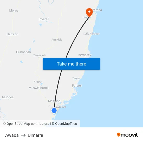 Awaba to Ulmarra map