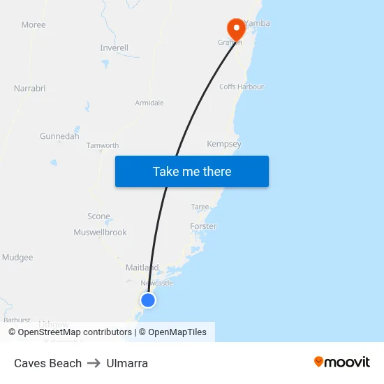 Caves Beach to Ulmarra map
