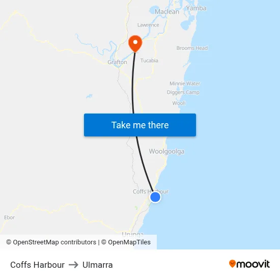 Coffs Harbour to Ulmarra map