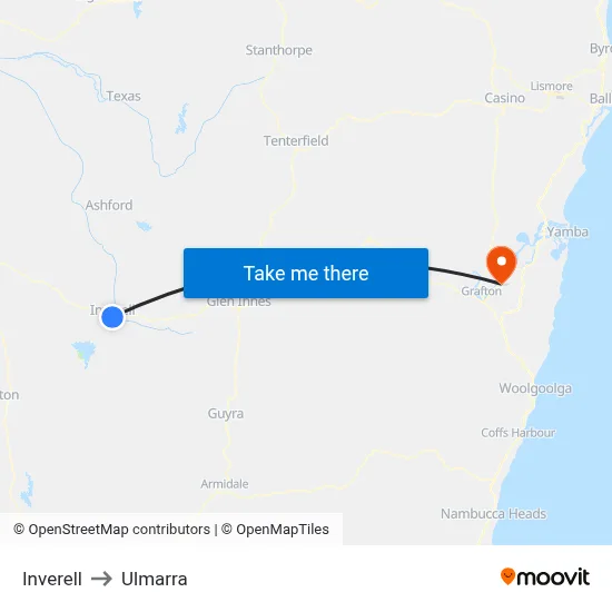 Inverell to Ulmarra map