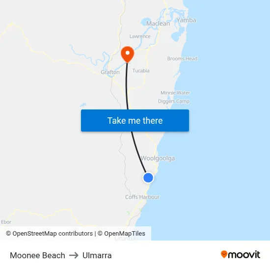 Moonee Beach to Ulmarra map