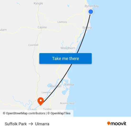 Suffolk Park to Ulmarra map