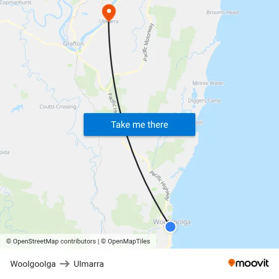 Woolgoolga to Ulmarra map