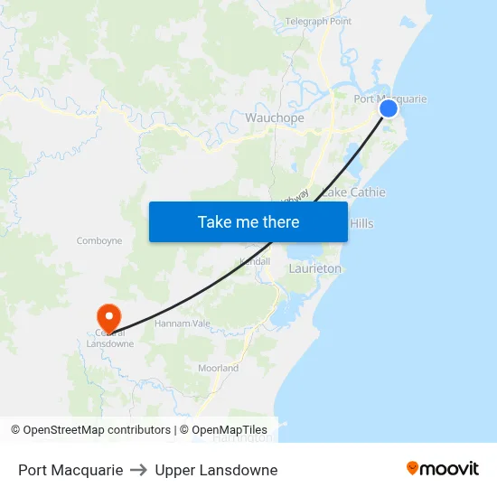 Port Macquarie to Upper Lansdowne map