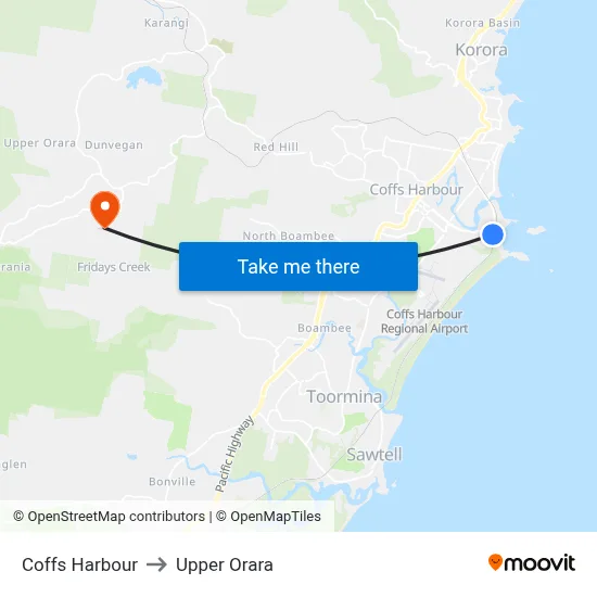 Coffs Harbour to Upper Orara map