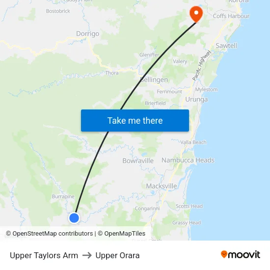 Upper Taylors Arm to Upper Orara map