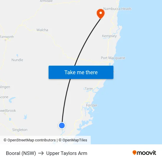 Booral (NSW) to Upper Taylors Arm map