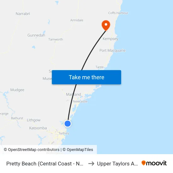 Pretty Beach (Central Coast - NSW) to Upper Taylors Arm map