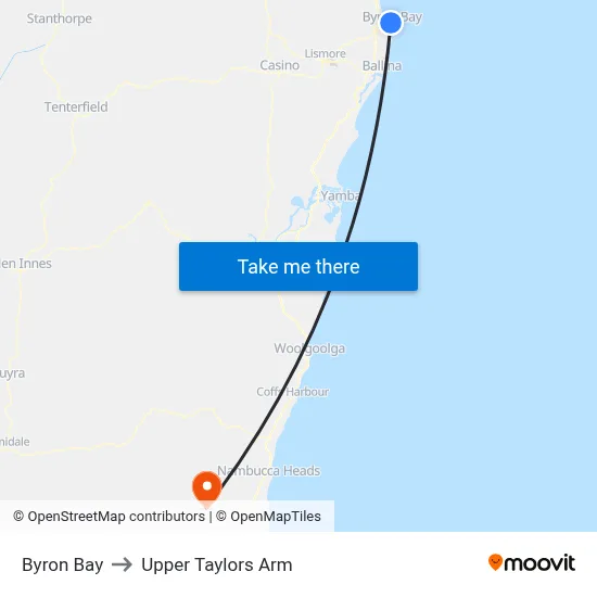 Byron Bay to Upper Taylors Arm map