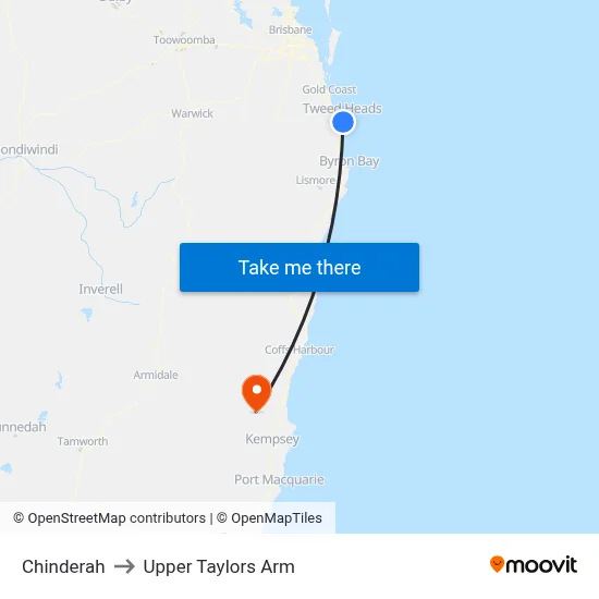 Chinderah to Upper Taylors Arm map