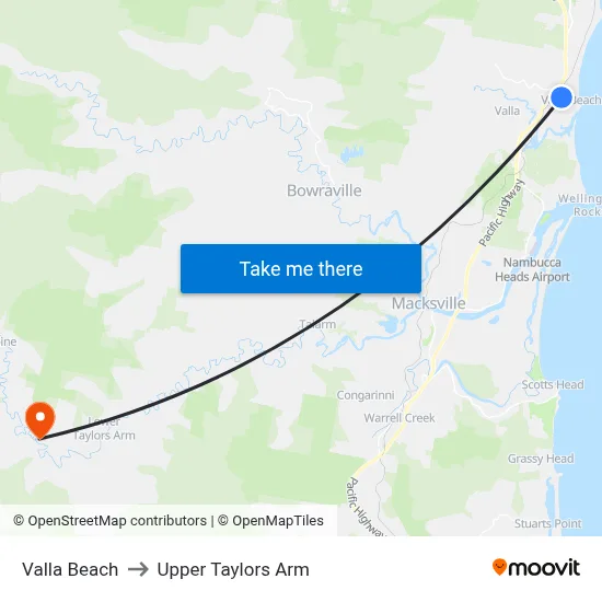 Valla Beach to Upper Taylors Arm map