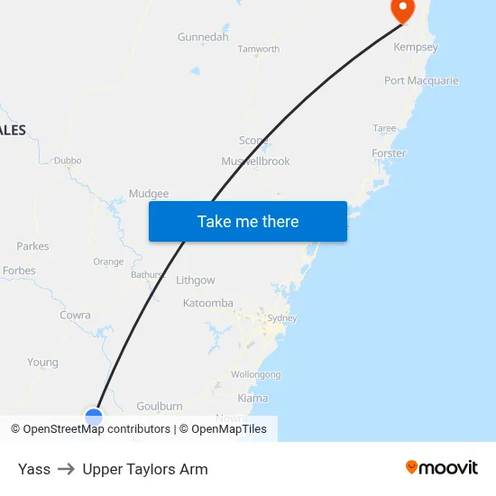Yass to Upper Taylors Arm map