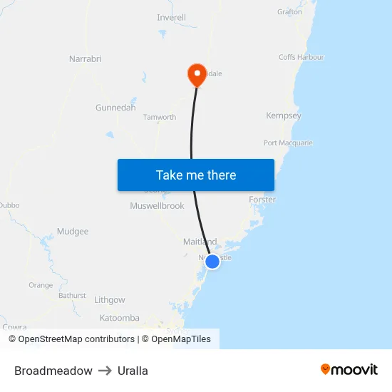 Broadmeadow to Uralla map