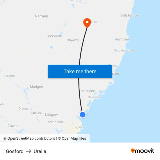 Gosford to Uralla map