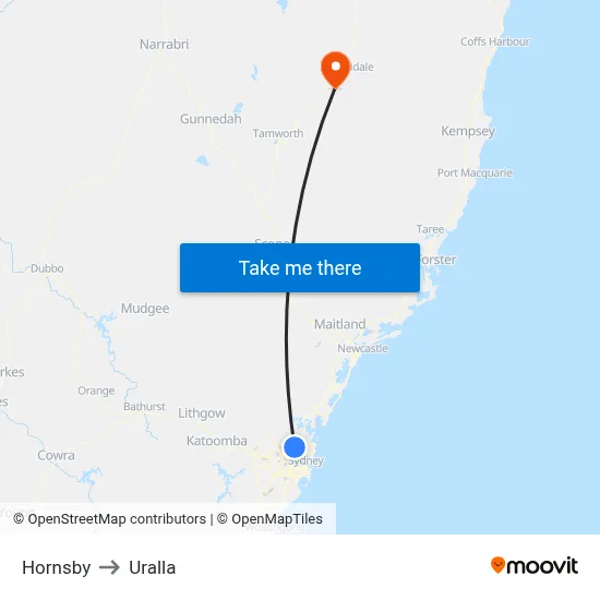 Hornsby to Uralla map