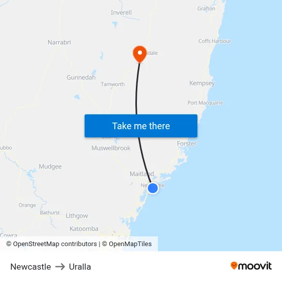 Newcastle to Uralla map