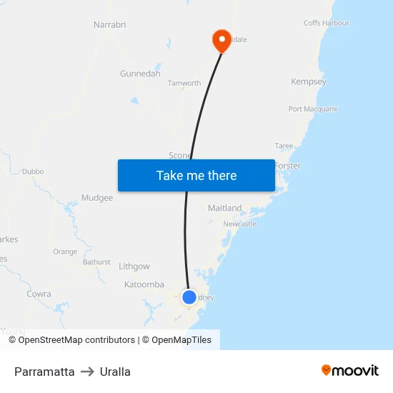 Parramatta to Uralla map