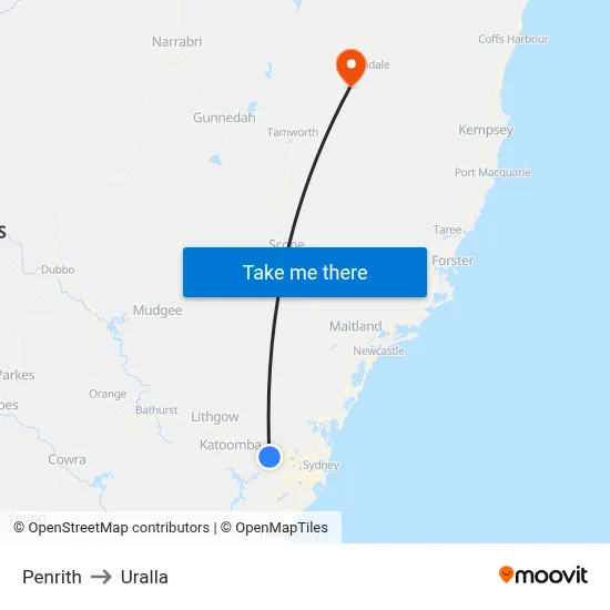 Penrith to Uralla map