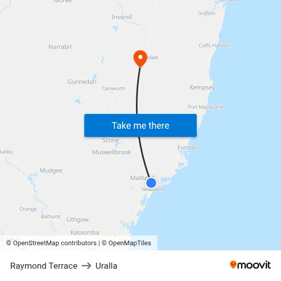 Raymond Terrace to Uralla map