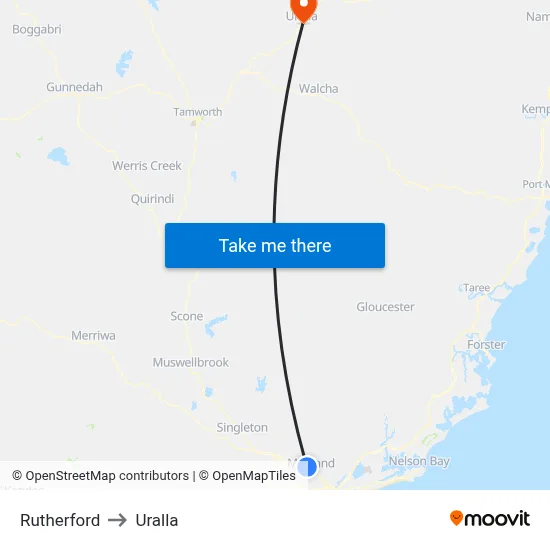 Rutherford to Uralla map