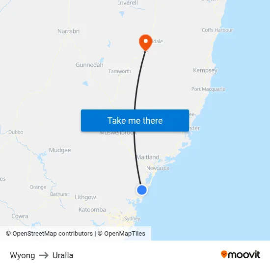 Wyong to Uralla map