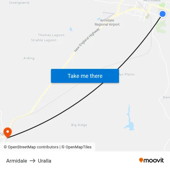 Armidale to Uralla map