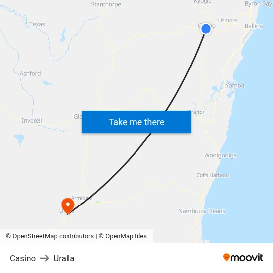 Casino to Uralla map