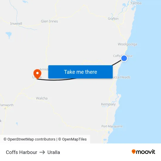 Coffs Harbour to Uralla map
