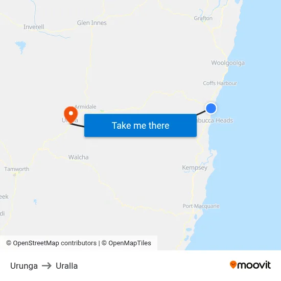 Urunga to Uralla map