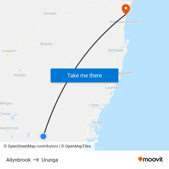 Allynbrook to Urunga map
